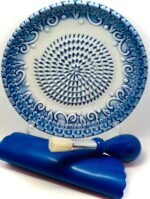 All-in-one Premium Ceramic Garlic Grater Plate 4-Piece Set - Blue Embossed Design and Style - For Garlic, Ginger, Chocolate, and more! - Comes with 5.25" Plate, Peeler, Brush, and Stand - Image 2