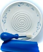 All-in-one Premium Ceramic Garlic Grater Plate 4-Piece Set - Classic Flower Line on White Design - For Garlic, Ginger, Chocolate, and more! - Comes with 5.25" Plate, Peeler, Brush, and Stand - Image 2