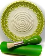 All-in-one Premium Ceramic Garlic Grater Plate 4-Piece Set - Green Embossed Design and Style - For Garlic, Ginger, Chocolate, and more! - Comes with 5.25" Plate, Peeler, Brush, and Stand - Image 2