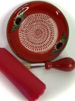 All-in-one Premium Ceramic Garlic Grater Plate 4-Piece Set - Red Sunflower Design, Classic Style - For Garlic, Ginger, Chocolate, and more! - Comes with 5.25" Plate, Peeler, Brush, and Stand - Image 2