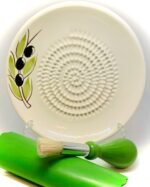 All-in-one Premium Ceramic Garlic Grater Plate 4-Piece Set - White Olive Design, Classic Style - For Garlic, Ginger, Chocolate, and more! - Comes with 5.25" Plate, Peeler, Brush, and Stand - Image 2