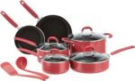 Amazon Basics Aluminum Non-Stick Cookware Set, Oven Safe, Dishwasher Safe, PFOA Free, Stay-Cool Handles, 12-Piece, Red - Image 2