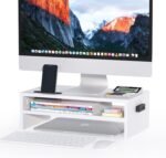 BONTEC Wooden Monitor Stand Riser, 2-Tier Desk Shelf with Storage Organizer, Ergonomic Computer Stand with Cable Management, Cellphone Holder, White, 16.5 Inch - Image 2
