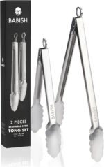 Babish 2-Piece Locking Kitchen Tongs Set – 12” & 9” Stainless Steel Cooking Tongs with Non-Slip Grip – Heavy-Duty BBQ, Grilling & Serving Tools - Image 2