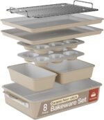 Bakken 8-Piece Ceramic Coated Bakeware Sets, Nonstick Aluminized Steel Pans with Muffin, Loaf, Cake, Roasting Pan, & Cooling Rack, Oven Safe Up To 500°F, Dishwasher Safe, BPA, PTFE & PFAS Free, Cream - Image 2