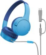 Belkin SoundForm Mini Kids Wired Headphones w/USB C to 3.5mm Dongle, Built-in Mic & Fun Stickers, 85dB Max Volume – for Online Learning, Travel, Compatible w/iPhone 16, iPad, Galaxy S25, etc - Blue - Image 2