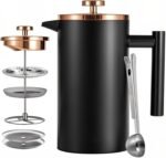 Black French Press Stainless Steel 34oz, Double Wall Insulated Coffee Press 1L for travel camping with 2 Extra Filter Screens and 1 Coffee Spoon（8cup 1000ml） - Image 2