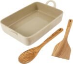 Bloomhouse 3-Piece 4.8-Quart 9 X 13 Ceramic Bakeware Set with Olive Wood Tools – Linen/Taupe Baking Dish with Handles, Oven Safe, Durable Stoneware for Casseroles, Roasting & Serving - Image 2