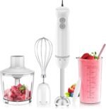 Bonsenkitchen Hand Blender, Immersion Blender with 2 Mixing Speed, 4-In-1 Stainless Steel Handheld Stick Mixer with Egg Whisk, Beaker & Chopper Bowl, for Baby Food, Soups, Smoothies, White - Image 2