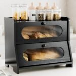 Bread Box for Kitchen Countertop,Double Layer Large Capacity Bamboo Bread Storage Container with Acrylic Wavy Door Panel for Kitchen Counter,Cabinet,Pantry(Black) - Image 2