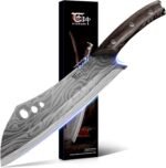 Butcher Knife, 10 Inch Meat Cleaver Chef Knife with Herb Stripper, Japanese Style High Carbon Steel Kitchen Knife for Chopping & Slicing, Damascus Pattern Full Tang Wood Handle Ideal for Gift - Image 2