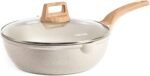 CAROTE 12Inch Nonstick Deep Frying Pan with Lid, 5.5 Qt Jumbo Cooker Saute Pan with Pour Spout, Skillet Induction Cookware, Non Stick Cooking Pan Kitchen Pan PFOA Free, White Granite - Image 2