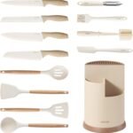 CAROTE 13Pcs Kitchen Utensils Set with 360 Rotating Knife Block, Heat Resistant Cooking Utensils Set with Wooden Handle, Kitchen Knife Sets with Nonstick Ceramic Surface, Cream White - Image 2