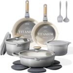 CAROTE 17Pcs Titanium Cookware Set, Pots and Pans Set Non Stick, Kitchen Cooking Set with Detachable Handle, Non Toxic Induction Cookware, Dishwasher/Oven Safe - Image 2