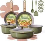 CAROTE 18 Pcs Ceramic Cookware Set Detachable Handle, Non Toxic Pots and Pans Set Non Stick, Induction Kitchen Cookware Removable Handles, Oven Safe, Stackable RV/Camping Cooking Set, Green - Image 2