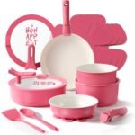CAROTE 18Pcs Ceramic Cookware Set with Detachable Handle, Pots and Pans Set Non Stick, Non Toxic Kitchen Cooking Sets with Stand-Up Lid, PFAS and PFOA Free, Oven Safe, Induction Ready, Pink - Image 2