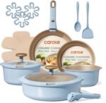 CAROTE 18Pcs Titanium Reinforced Nonstick Pots and Pans Set, Nonstick Cookware Set with Detachable Handle, Induction Kitchen Cookware Sets Removable Handles, Dishwasher Safe, Oven Safe, Blue - Image 2
