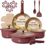 CAROTE 18Pcs Titanium Reinforced Nonstick Pots and Pans Set, Nonstick Cookware Set with Detachable Handle, Induction Kitchen Cookware Sets Removable Handles, Dishwasher Safe, Oven Safe, Red - Image 2