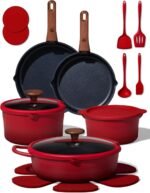 CAROTE 20Pcs Titanium Cookware Set, Pots and Pans Set Non Stick, Kitchen Cooking Set with Detachable Handle, Non Toxic Induction Cookware - Camping Cookware, Dishwasher/Oven Safe, Red - Image 2