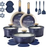CAROTE 22Pcs Titanium Cookware Set, Pots and Pans Set Non Stick, Kitchen Cooking Set with Detachable Handle, Non Toxic Induction Cookware, Dishwasher/Oven Safe，Blue - Image 2