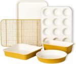 CAROTE 6-Piece Nonstick Ceramic Baking Pans Set - Bakeware Sets Including Cookie Sheets for Baking, Muffin Pan, Bread Pan, Cake pan, Loaf Pan, Cooling Rack, Mustard Yellow & Cream White - Image 2