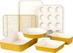 CAROTE 7-Piece Nonstick Ceramic Baking Pans Set - Bakeware Sets Including Cookie Sheets for Baking, Muffin Pan, Bread Pan, Cake pan, Loaf Pan, Roasting Pan, and Cooling Rack, Yellow & White - Image 2