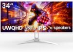 CRUA 34'' White Gaming Monitor, 165HZ/144HZ, WQHD(3440x1440P) IPS UltraWide Screen Computer Monitors with Built-in Speakers, Supports FreeSync, 120% sRGB, HDMI 2.0 & DP 1.4, Wall Mountable Installs - Image 2