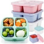 Caperci 4 Pack Bento Snack Boxes Lunchable Containers for Kids & Adults, Wheat Straw 4-Compartment Reusable Food Storage Containers for Snacks & Small Meal (Multicolor & Clear Lids) - Image 2