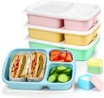 Caperci Bento Lunch Box Containers for Adults & Kids - 3-Compartment Reusable Meal Prep Containers with 2 Sauce Containers for School, Work, Travel, Wheat Straw, 4-Pack (Vintage Colors) - Image 2