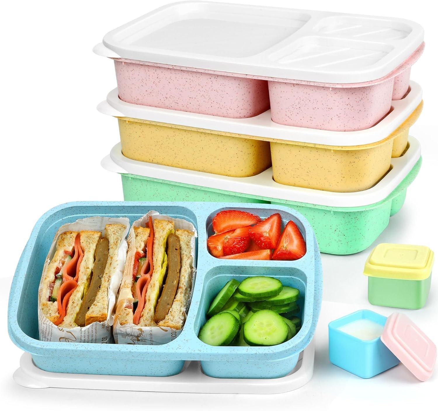 Caperci Bento Lunch Box Containers for Adults & Kids - 3-Compartment Reusable Meal Prep Containers with 2 Sauce Containers for School, Work, Travel, Wheat Straw, 4-Pack (Vintage Colors) - Image 2