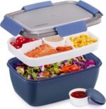 Caperci Large Salad Container Bowl for Lunch - Better Adult Bento Lunch Box 68 oz, 5-Compartment Tray, 2pcs 3-oz Sauce Cups, Stackable, BPA-Free (Navy) - Image 2