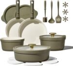 Carote 21pcs Ceramic Cookware Set with Detachable Handles, Pots and Pans Set Non Stick, RV Kitchen Cooking Pot and Pan, Dishwasher Safe, Non-toxic Induction Cookware PFAS and PFOA Free, Green - Image 2