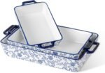 Ceramic Bakeware Set - Casserole Dish Baking Dishes for Oven - Rectangular Lasagna Pans with Handles for Kitchen Cooking - Microwave & Dishwasher Safe - Set of 3 (15.1''/13.6''/9.9'') - Blue - Image 2