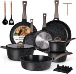 Ceramic Cookware Set 22 Piece Nonstick Pots and Pans Set Non Stick Kitchen Cooking Sets 8"Frying Pans with Lid,Black Granite Non-Toxic Induction Kitchen Cookware w/Glass Lids PFOS/PFOA-Free - Image 2