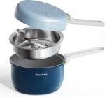 Ceramic Non Stick Cookware Set, 2.5QT Saucepan, 7" Egg Omelette Pan & 18/10 Stainless Steel Steamer, Induction Ready Frying & Sauce Pan Set, PTFE, PFOA & PFAS Free, Mix Blue - Image 2