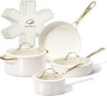 Chef Power Ceramic Cookware Sets, 10Pcs Pots and Pans Set Non Stick, Cookware Set with Stainless Steel Handle, Dishwasher & Oven Safe, Cream White and Light Gold Handle - Image 2