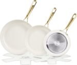 Chef Power Ceramic Frying Pan with Stainless Steel handle 5Pcs Set, Non Stick Grill Pan Set, Dishwasher and Oven Safe, Cream White and Light Gold Handle - Image 2