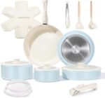 Chef Power Ceramic Nonstick Pots and Pans Set 19 Piece with Detachable Handle, Induction Dishwasher Oven Safe Cookware Set, RV Kitchen Set Removable Handle (Light Blue) - Image 2