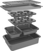 Chicago Metallic 7-Piece Stackable Bakeware Set – Nonstick Carbon Steel Roaster, Muffin Pans, Loaf Pan, Square Cake Pan, Baking Sheet & Cooling Rack – Oven Safe, Dishwasher Safe, Space-Saving Design - Image 2