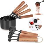 Collection 8 Piece Black Measuring Cups Set and Measuring Spoons, Golden With fragrant wood Handles-Complete Set of Measure Cups and Spoons For Cooking and Baking. - Image 2