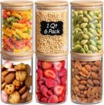 ComSaf 1 Qt Glass Storage Containers with Lids, Glass Jars with Lids, Clear Food Storage Jar, Round Canister Set of 6, Pantry Organizers for Cookie Pasta Flour Rice Tea Coffee Bean - Image 2