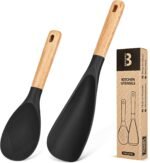 Cooking Spoon and Rice Scooper for Nonstick Cookwares, Great for Cooking and Serving Sturdy BPA-Free Matte Silicone, Wood Handle Spoon for Mixing, Scoop, and Scrape (Black) - Image 2