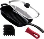 Cuisinel Cast Iron Square Grill Pan + Glass Lid + Pan Scraper + Handle Cover - 10.5" Pre-Seasoned Ridged Skillet - Grill, Stovetop, Fire, Indoor/Outdoor Use - for Grilling, Frying, Sauteing - Image 2