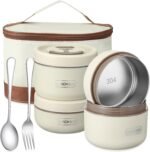 Dandat 4 Pcs Insulated Bento Box Portable Stainless Steel Food Container Round Stackable Leakproof Thermal Food Container for Adult Men Women with Insulated Bag, 74 oz(Beige) - Image 2