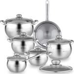 Daniks Classic 12-Piece Stainless Steel Cookware Set with Glass Lids, Includes Saucepan and Frying Pan with Lid, Tri-Ply Bases for Even Heating, Induction Compatible, Dishwasher Safe - Image 2