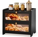 Double Layer Bread Box for Kitchen Countertop, Large Breadbox Bread Container Storage with Acrylic Door, Wooden Farmhouse Bread Holder (Black, Medim-15.7" L x 8.7" W x 13" H) - Image 2