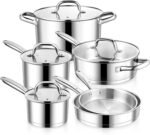 E-far 10-Piece Stainless Steel Cookware Set, Induction Pots and Pans Set with Tri-Ply Base, Non-toxic Kitchen Cooking Set w/Frying Pan, Saucepan, Saute Pan, Stockpot with Lids, Oven & Dishwasher Safe - Image 2