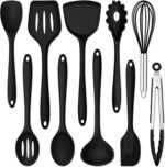 E-far 10 Pieces Silicone Cooking Utensils Set, Heat Resistant Kitchen Utensil Set for Nonstick Cookware, Kitchen Cooking Tools with Spatula, Spoon, Slotted Turner, Non-Toxic & Dishwasher Safe (Black) - Image 2