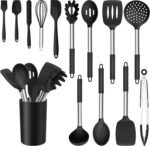 E-far 14 Pieces Silicone Cooking Utensils Set, Kitchen Utensils Set with Holder, Spatula, Ladle, Spoon, Tong, Slotted Turner for Nonstick Cookware, Heat Resistant & Stainless Steel Handle, Black - Image 2