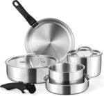 E-far 9pcs Stainless Steel Cookware Set, 3-Ply Pots and Pans Set w/Detachable Handle & Lid, Induction Cookware Kitchen Cooking Set for RV Camping, Nontoxic Whole Clad Frying/Saute/Sauce Pan, Oven Safe - Image 2